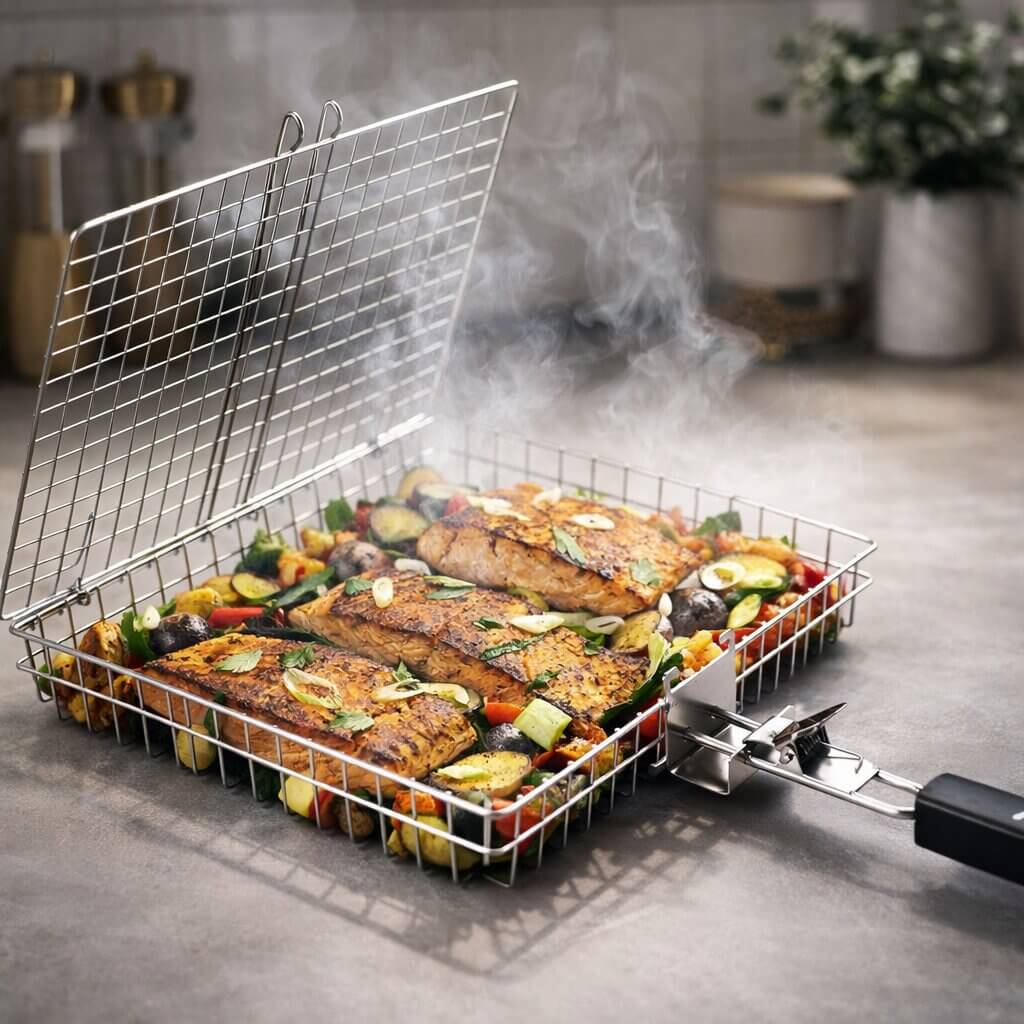 FlameGuard Pro Grillkurv — Sikker, Saftig, Perfekt