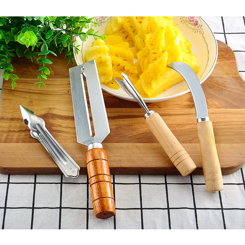 Haltbarer Ananasschäler aus Edelstahl mit rutschfestem Holzgriff (4-teiliges Set)