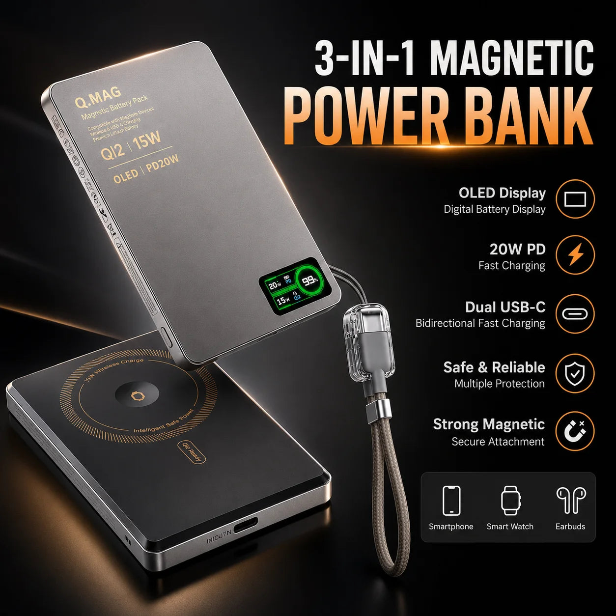 Præcis Magnetische 15W Kabellose Powerbank (3-in-1, 10000mAh)