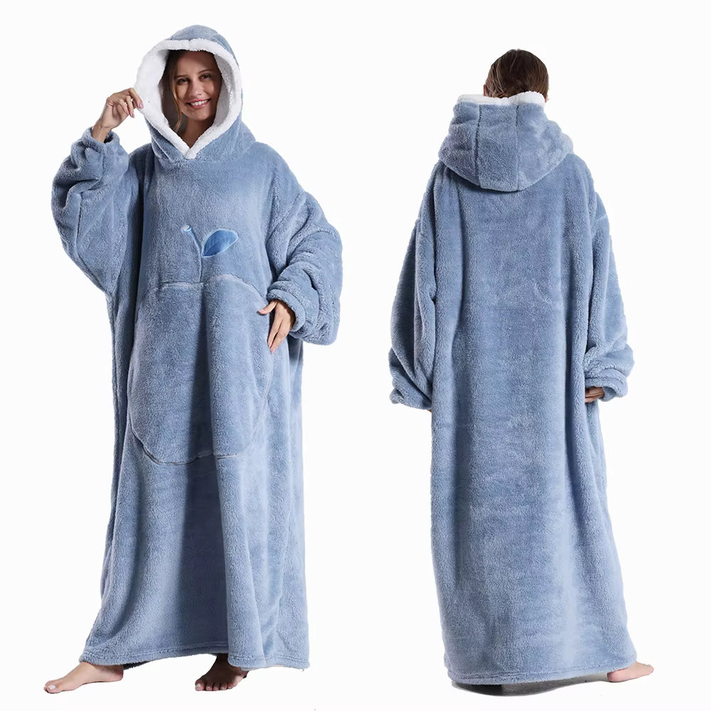 Extra langer Flanell-Kapuzenpullover mit Decke (lange Ärmel)