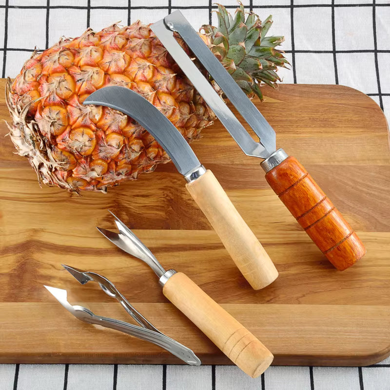 Haltbarer Ananasschäler aus Edelstahl mit rutschfestem Holzgriff (4-teiliges Set)
