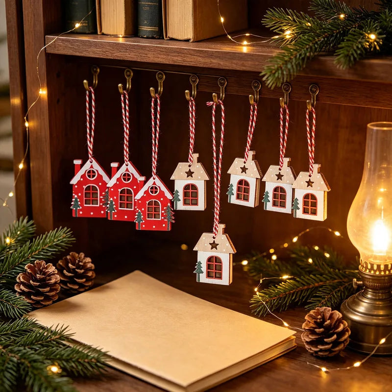 Rustikale Weihnachtsanhänger aus Holz in Hausform (8er-Set)