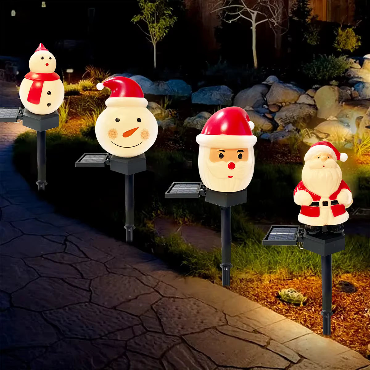 Solarbetriebene warmweiße wasserdichte Weihnachts-Rasenleuchte (Weihnachtsmann & Schneemann)
