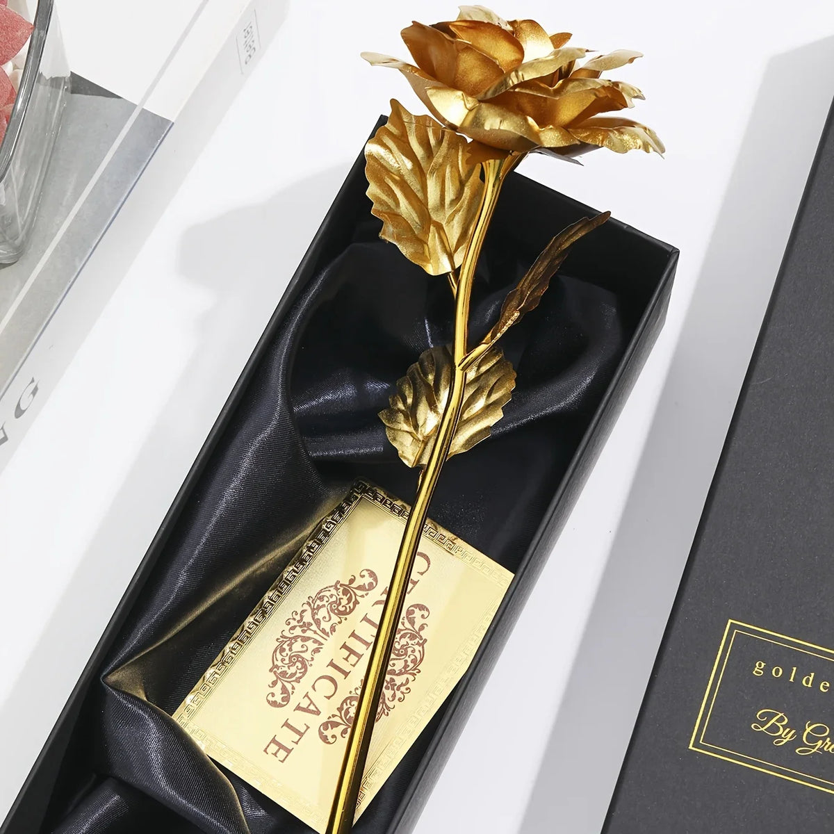 Geschenkset mit Rose aus Folie (Geschenkbox und Karte)
