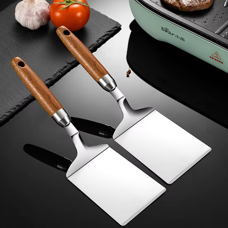 Spatel mit Kopf aus Edelstahl und Holzgriff, quadratischer Kopf (2er-Set)