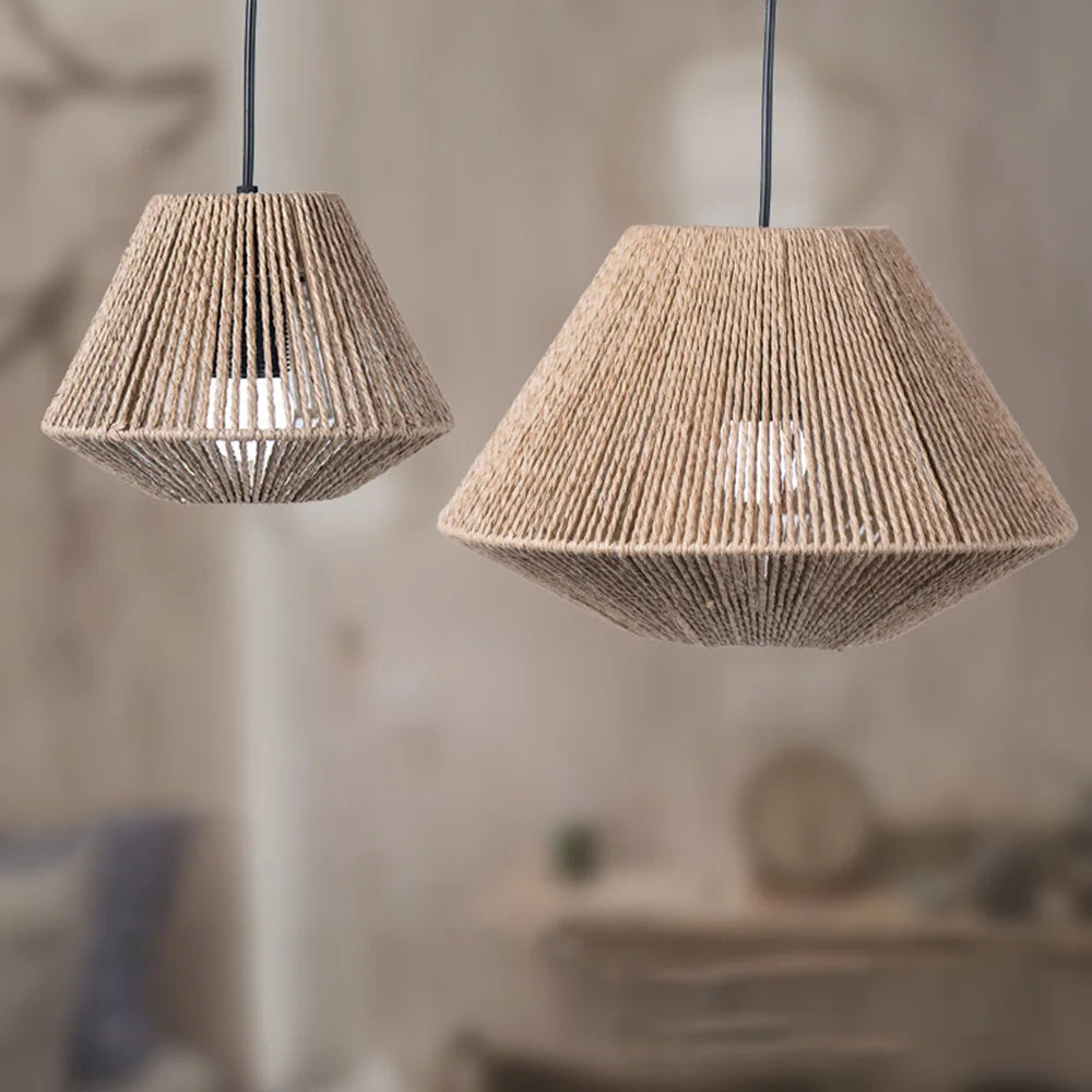 Rustik Rattan Hængelampe med Geometrisk Skærm – Ideel til Spisestuen og Indbydende Atmosfære-2