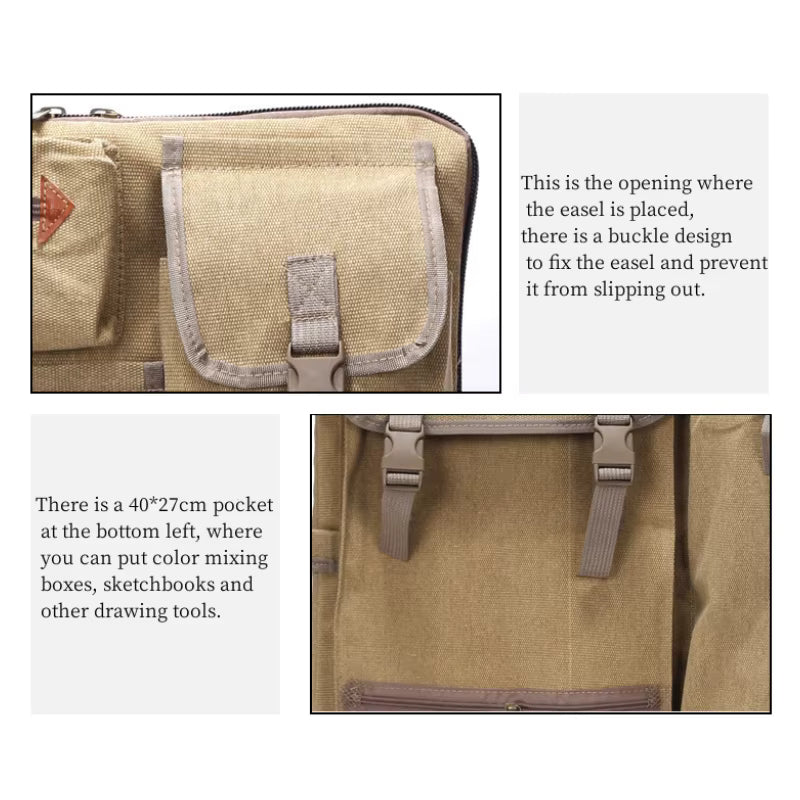 Robuster Rucksack aus Canvas mit mehreren Fächern für Künstlerbedarf