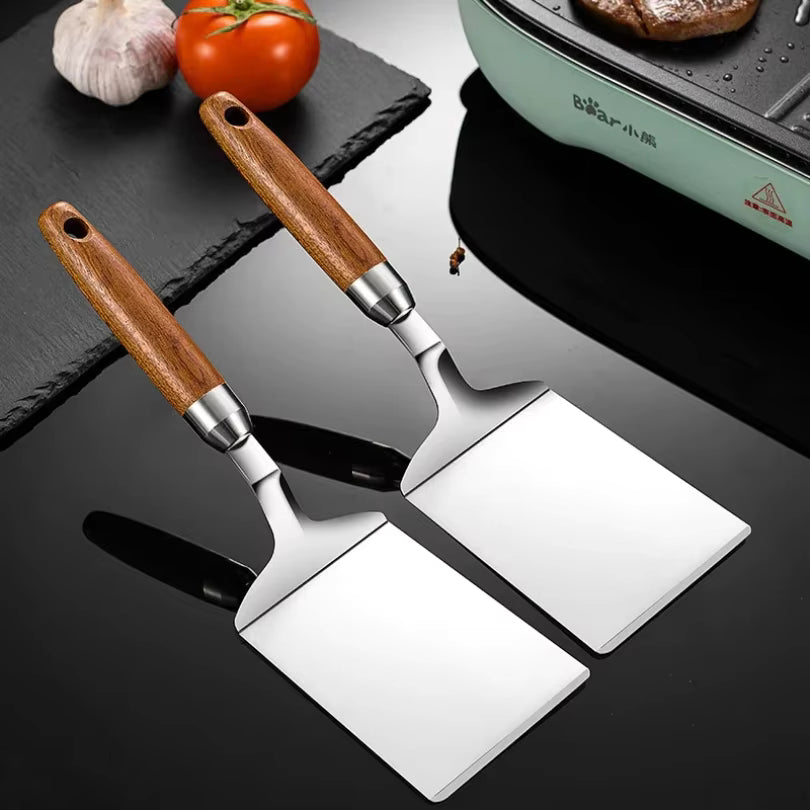 Spatel mit Kopf aus Edelstahl und Holzgriff, quadratischer Kopf (2er-Set)