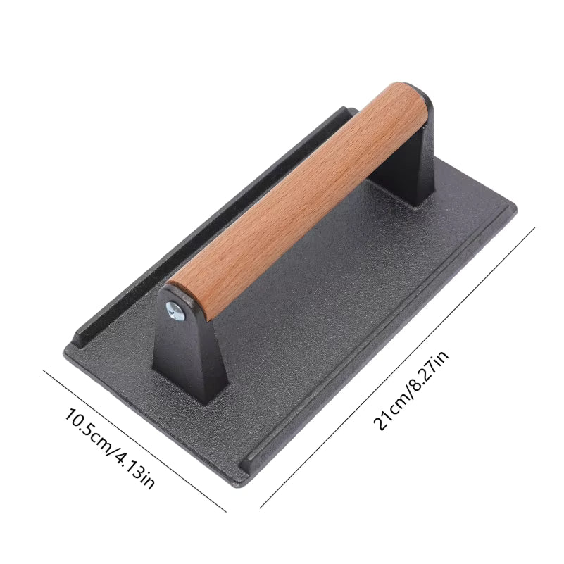 Schwere Gusseisen-Grillpresse mit Holzgriff
