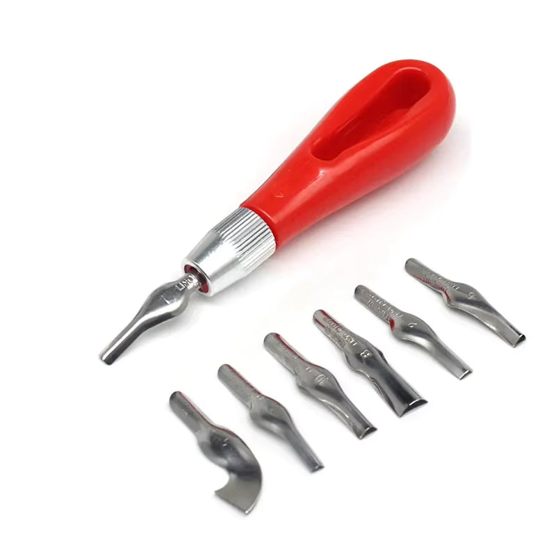 Set mit ergonomischen Werkzeugen mit Schnellwechselmechanismus zum Linoleumschneiden (6 austauschbare Köpfe)