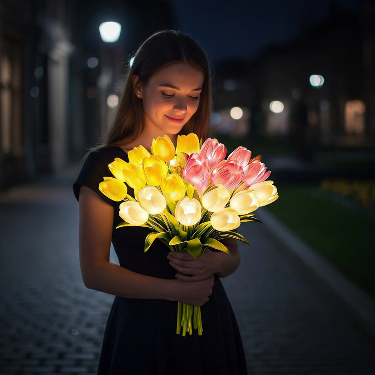 Künstlicher Tulpenstrauß mit warmem LED-Licht – Nachtlicht (15er-Set)