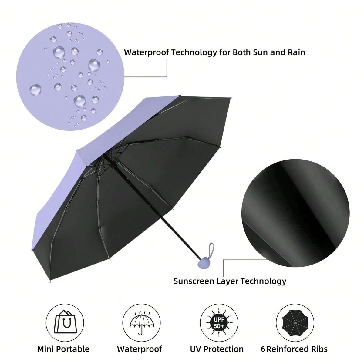 UV-schützender kompakter Mini-Regenschirm (6 verstärkte Streben)