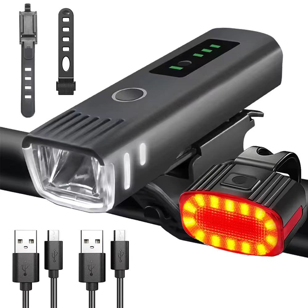 USB-genopladeligt vandtæt LED for- og baglyssæt til cykel