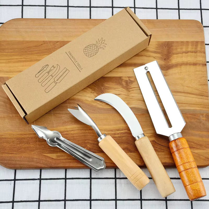 Haltbarer Ananasschäler aus Edelstahl mit rutschfestem Holzgriff (4-teiliges Set)
