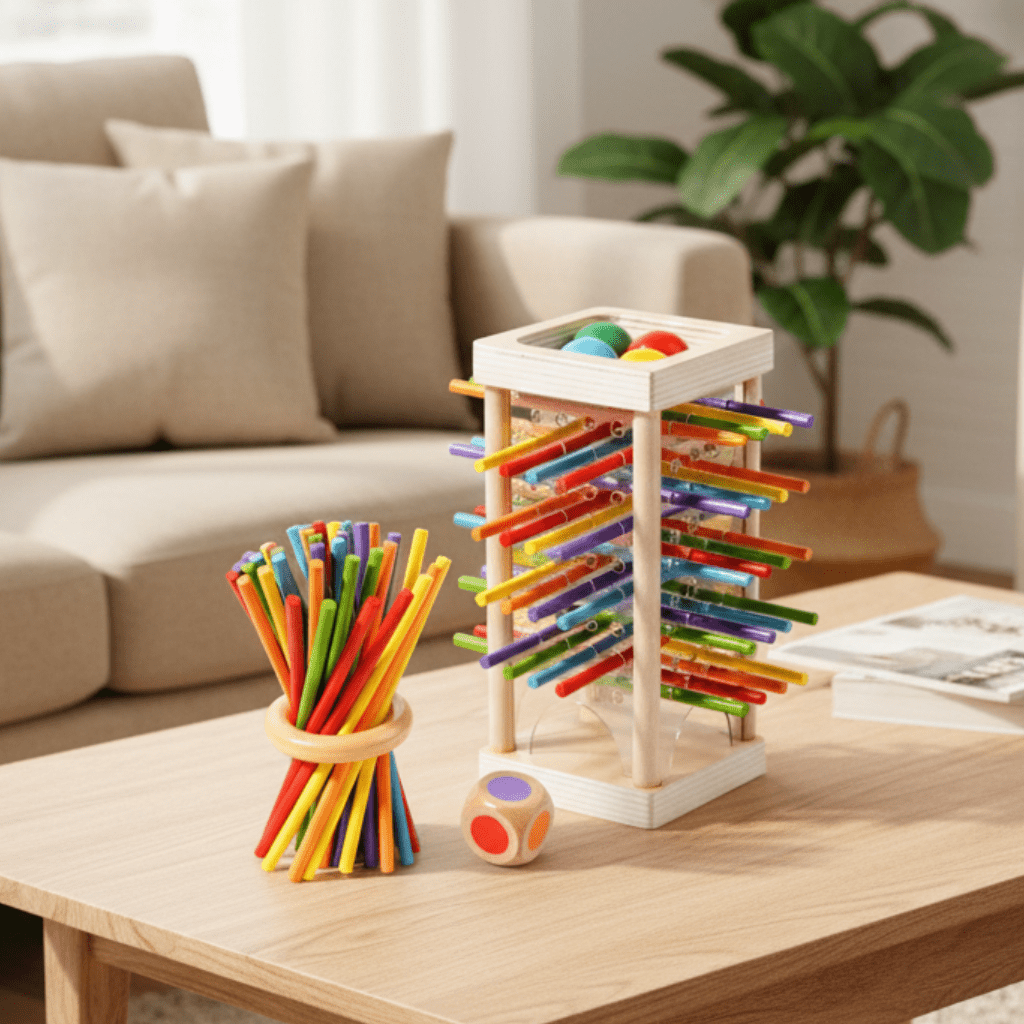 3-i-1 Montessori træstokspil 3-i-1 træstokspil – Pædagogisk legetøj – STEM-legetøj – Træspil – Montessori – Brætspil – Farvegenkendelse, sensorisk træning og tænkeevner – Glat finish
