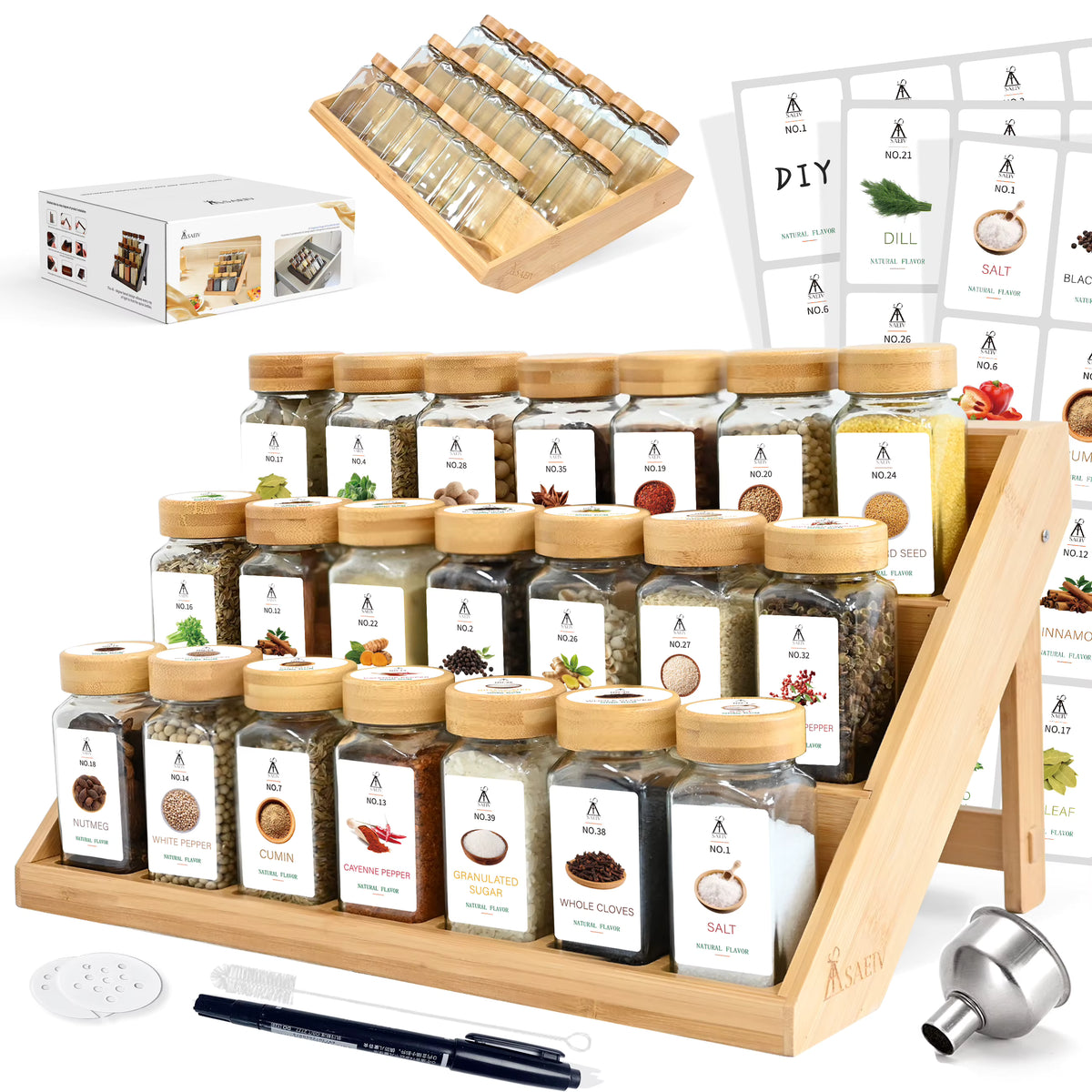 BPA-freies quadratisches Gewürzgläser-Set mit Bambusregal, 15-teilig