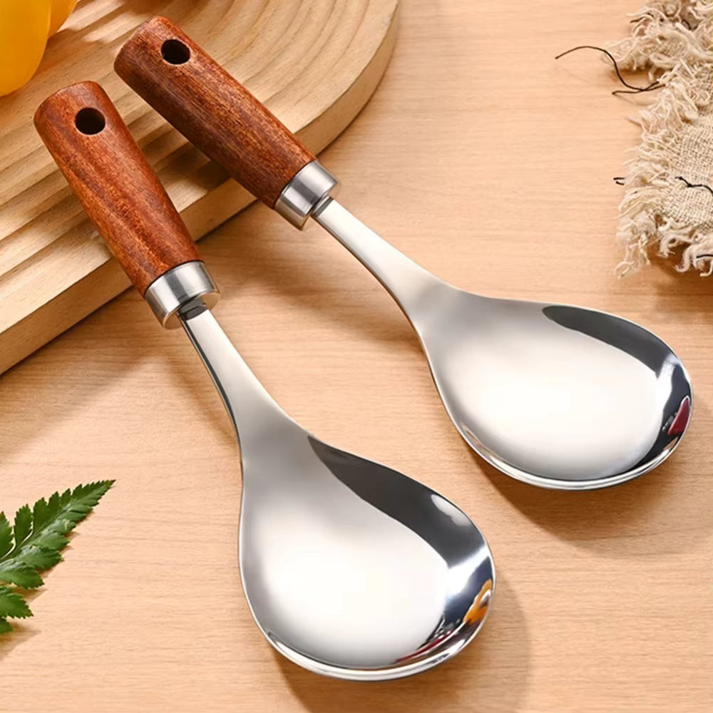Reislöffel mit Kopf aus Edelstahl und hitzebeständigem Holzgriff