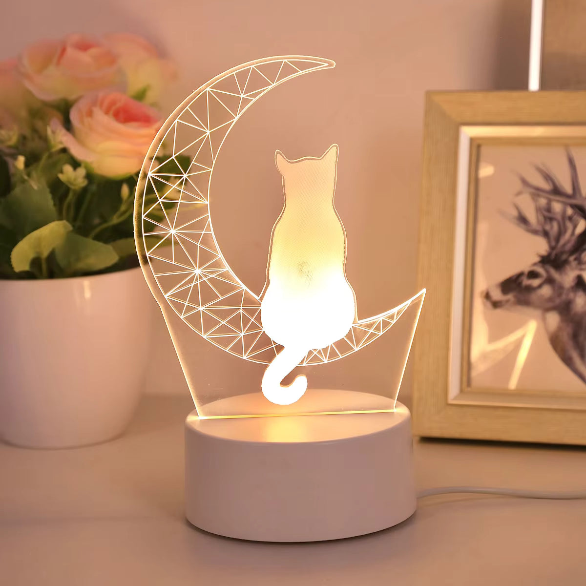 3D Måne Kat Blødt Varmt Lys Natlampe (USB-Drevet)
