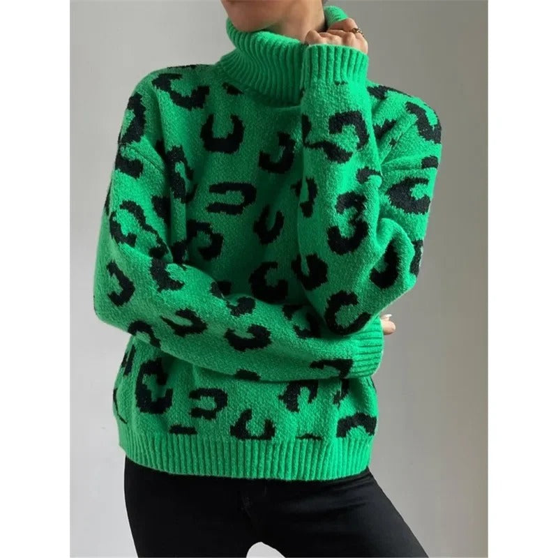 Anneluxe - Lässiger Rollkragenpullover mit Leopardenmuster