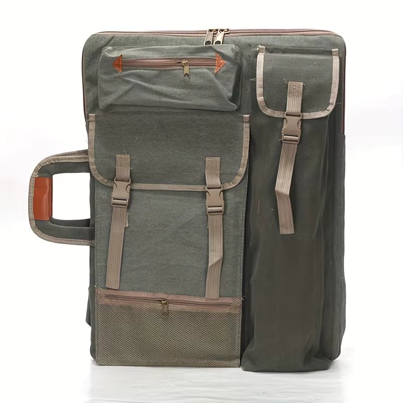Robuster Rucksack aus Canvas mit mehreren Fächern für Künstlerbedarf