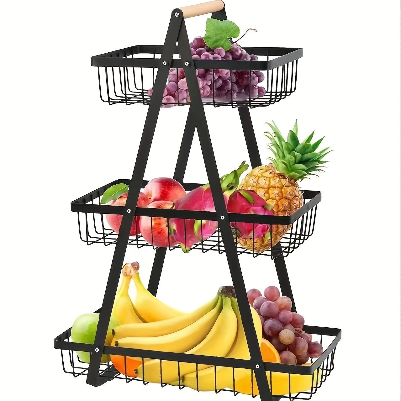 OrganixPlus - Moderne Obst- und Gemüsekorb aus Metall mit Holzgriff, Küchenaufbewahrung