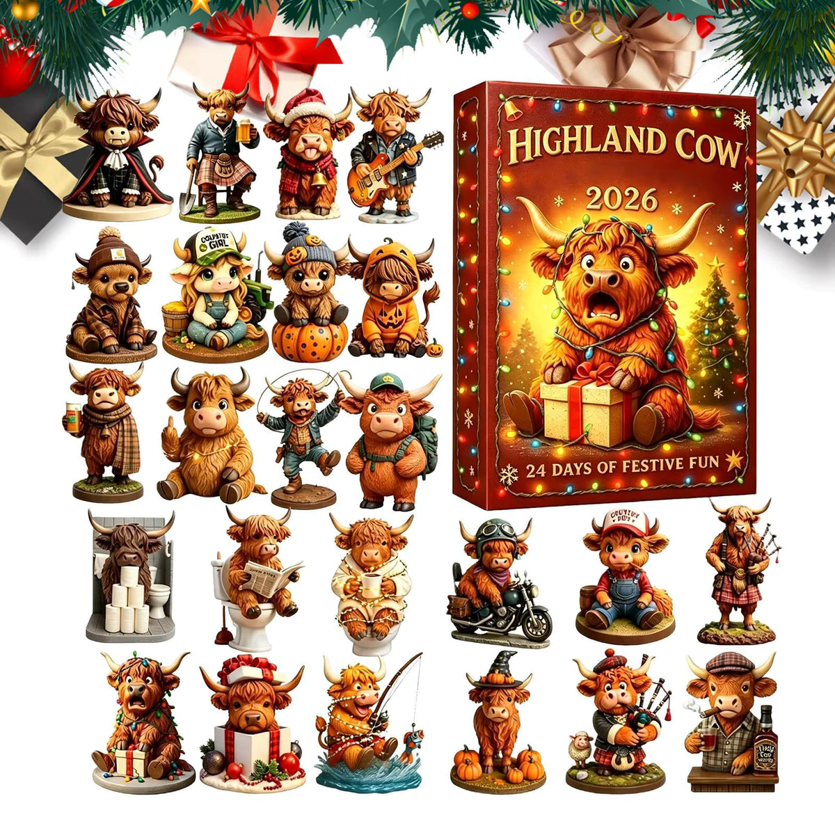 Håndlavet akryl 24-dages julekalender (Højlandskvæg 2D & 3D figurer)