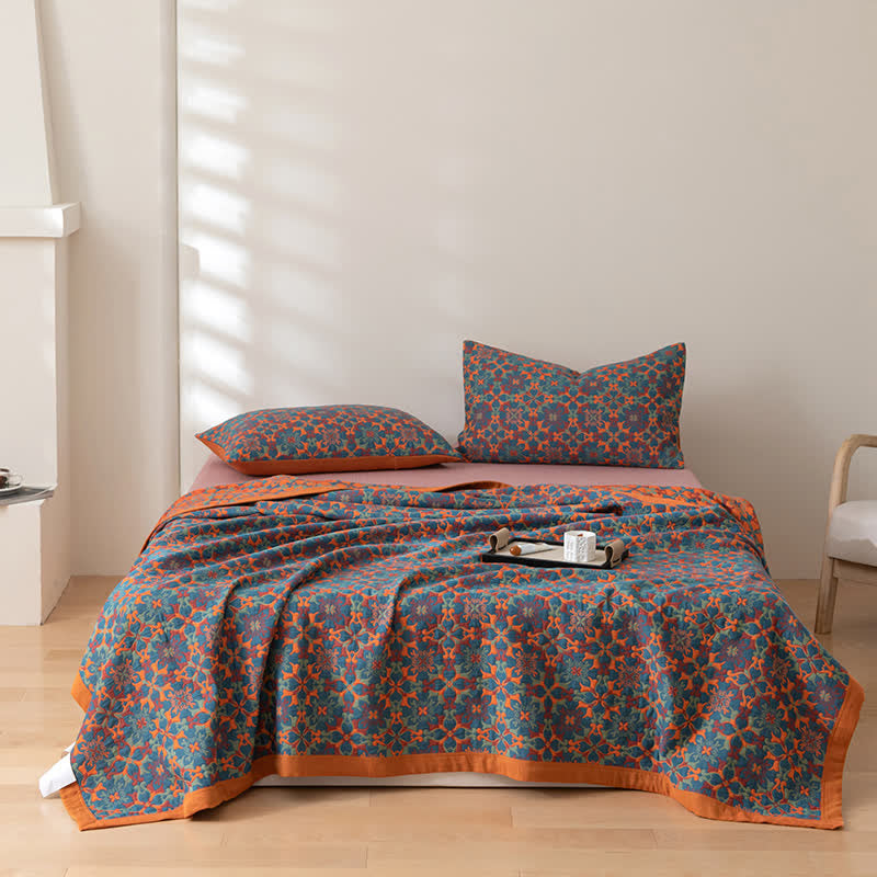 Ethniquilt - Baumwollquilt mit orange-blauem Muster in sechs Lagen