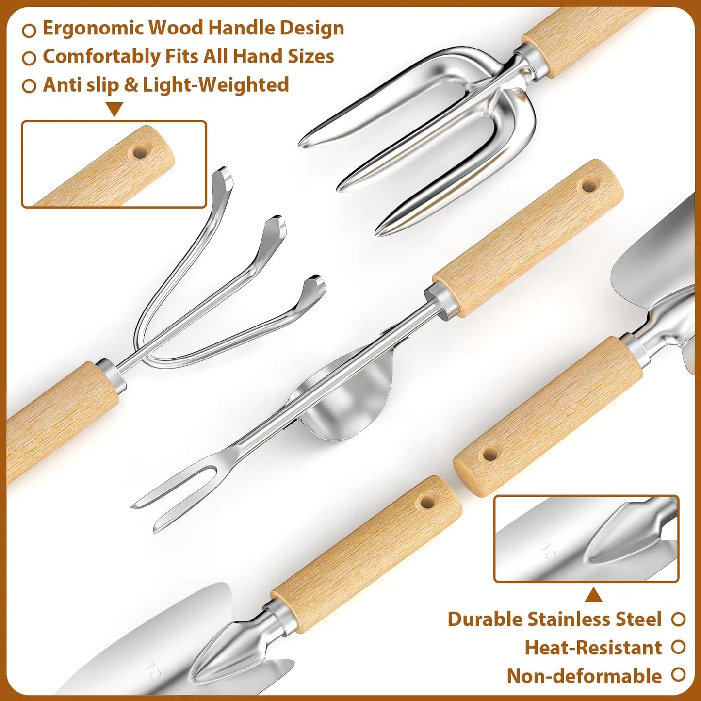 Edelstahl- & ergonomisches Holz-Gartenwerkzeugset (9-teilig)