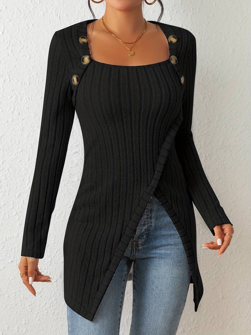 Daphne - Pullover mit quadratischem Ausschnitt, langen Ärmeln und seitlichem Schlitz