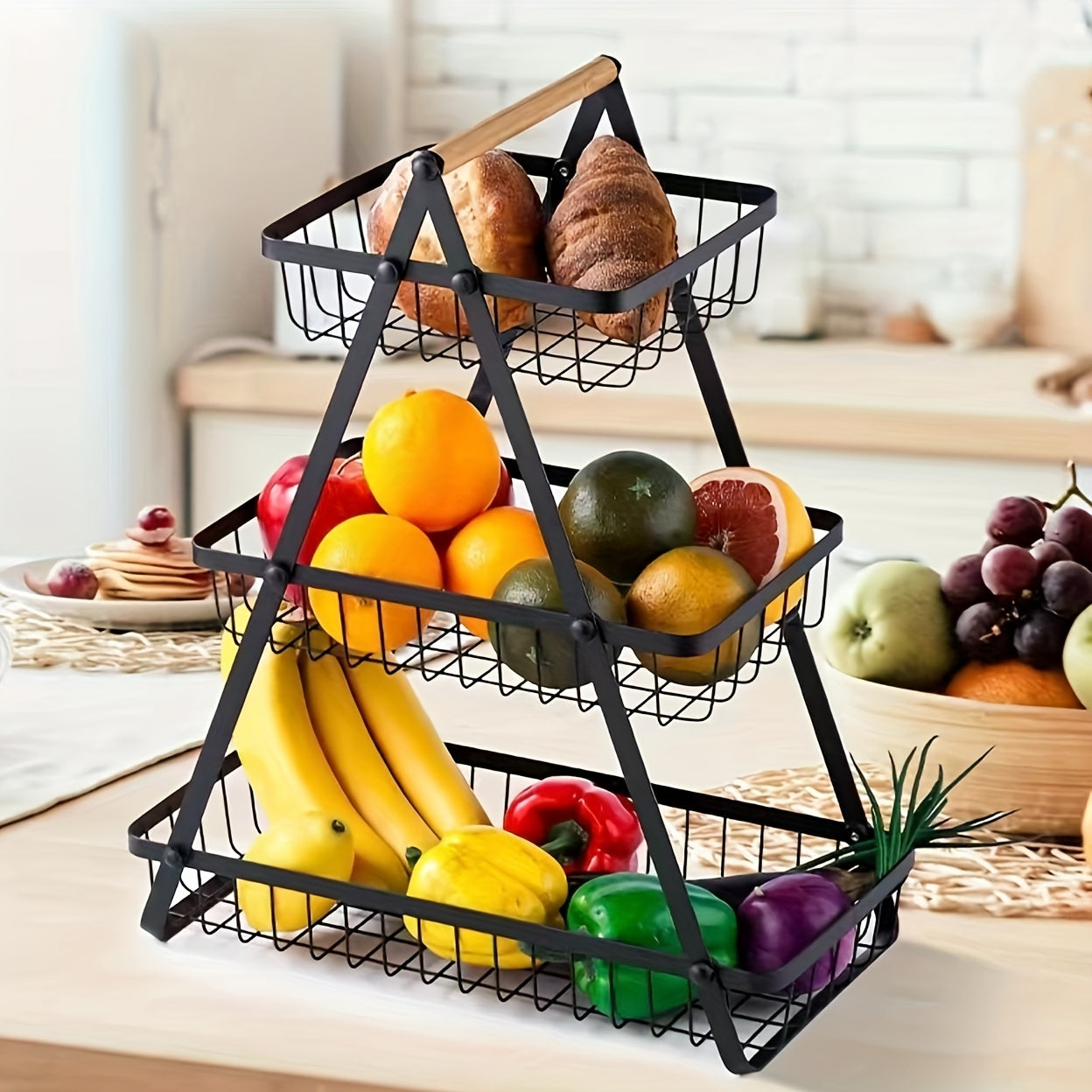 OrganixPlus - Moderne Obst- und Gemüsekorb aus Metall mit Holzgriff, Küchenaufbewahrung