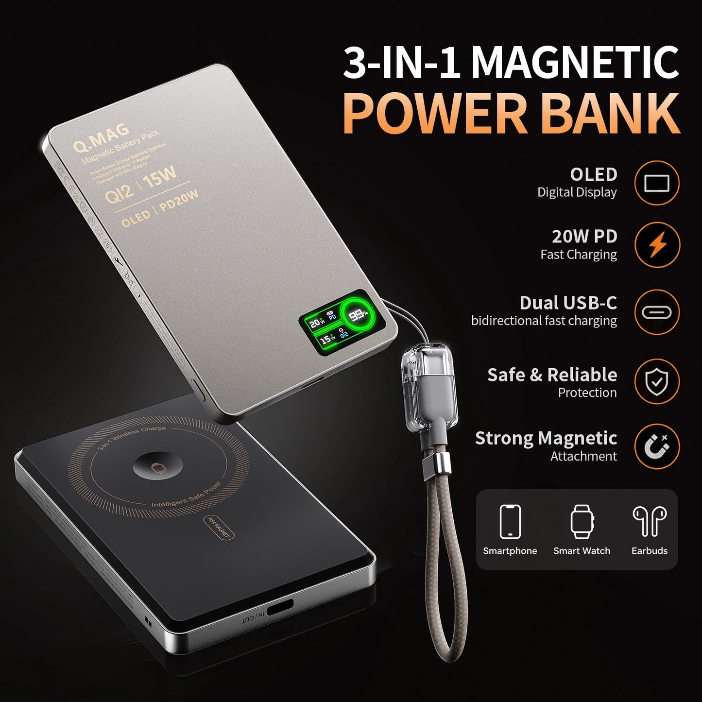 Præcis Magnetische 15W Kabellose Powerbank (3-in-1, 10000mAh)