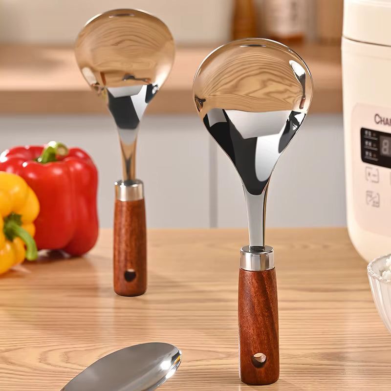 Reislöffel mit Kopf aus Edelstahl und hitzebeständigem Holzgriff
