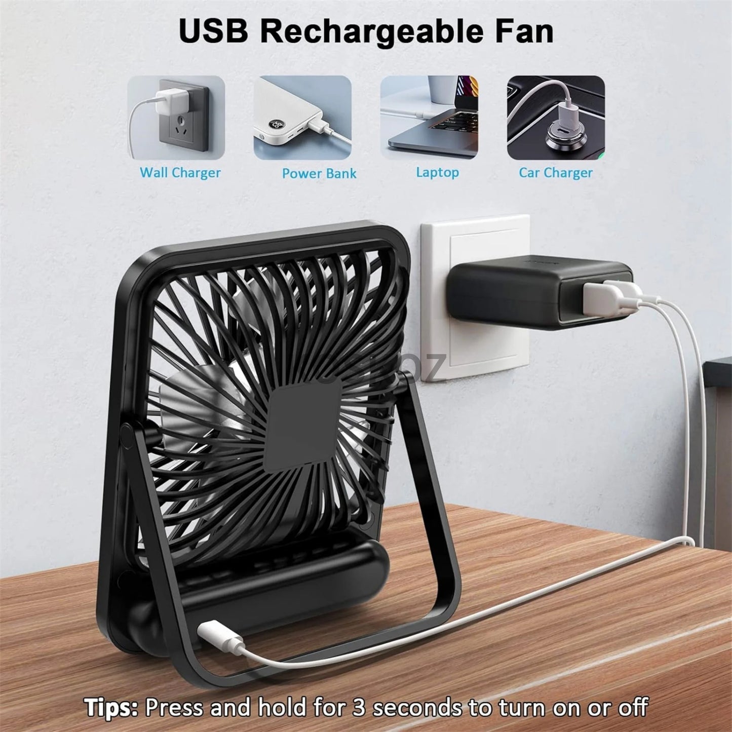 USB-wiederaufladbarer und faltbarer Tischventilator mit 5 Geschwindigkeiten (digitale Batteriestandsanzeige)