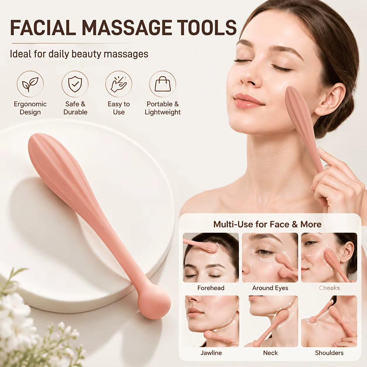 Weicher Silikon-Gesichtsmassagestab mit zwei Köpfen und ergonomischem Design