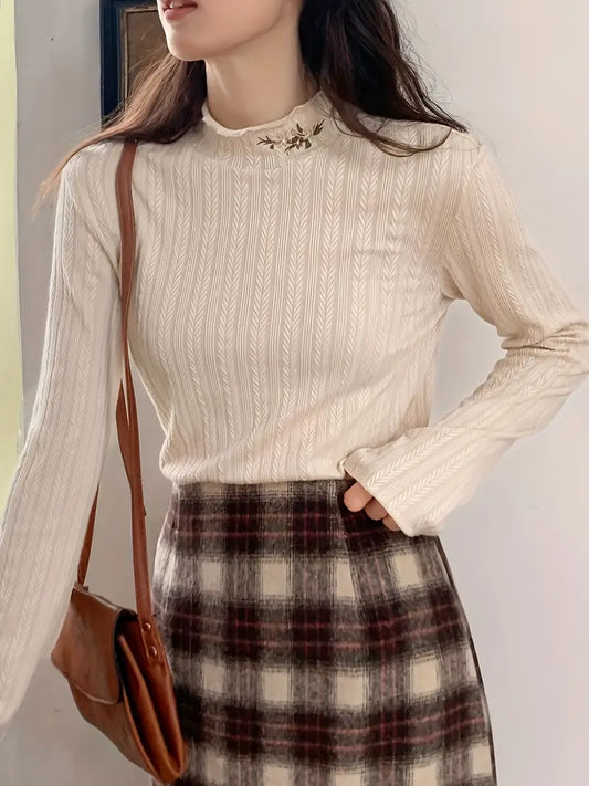 Zelda - Eleganter langärmeliger Pullover mit Blumenstickerei