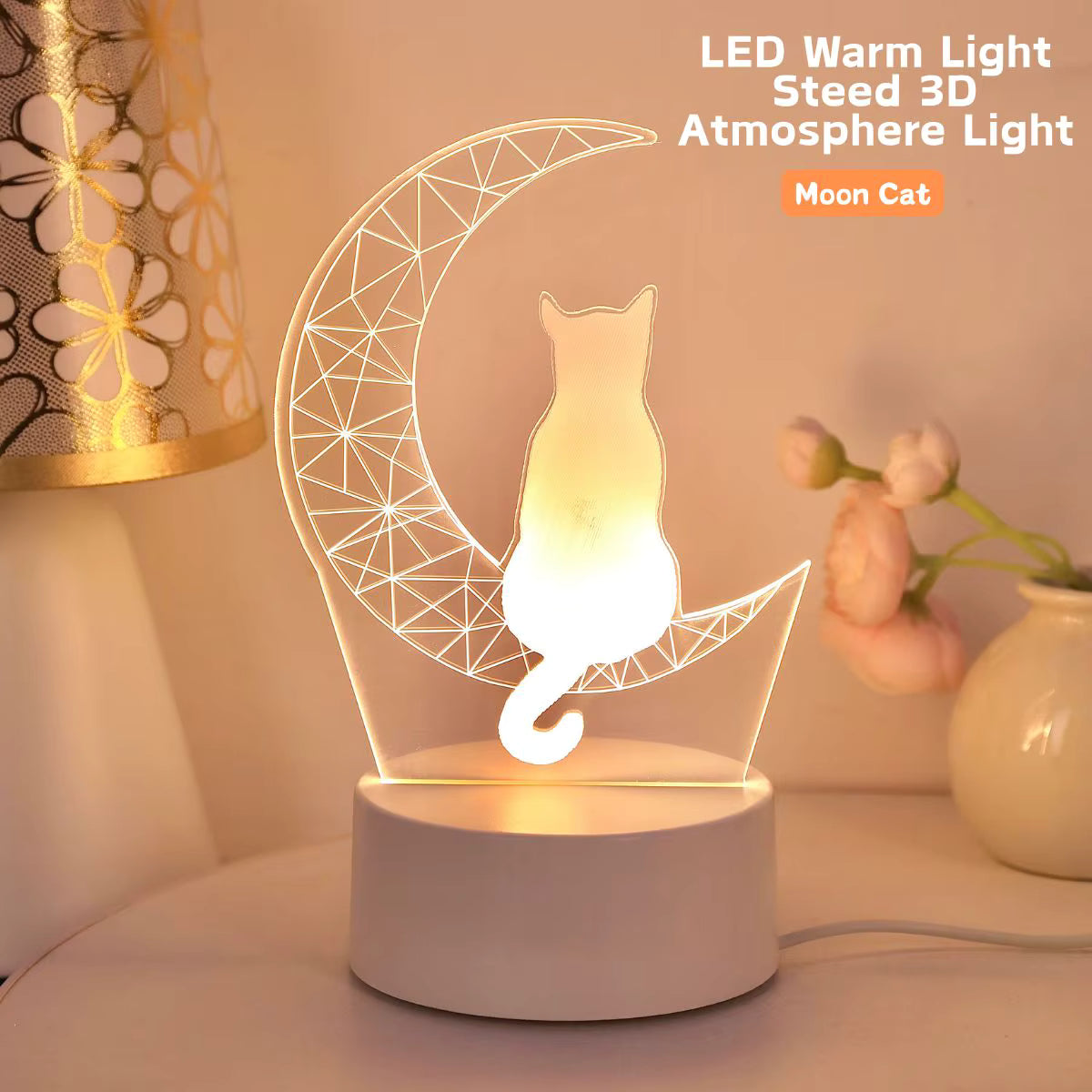 3D Måne Kat Blødt Varmt Lys Natlampe (USB-Drevet)