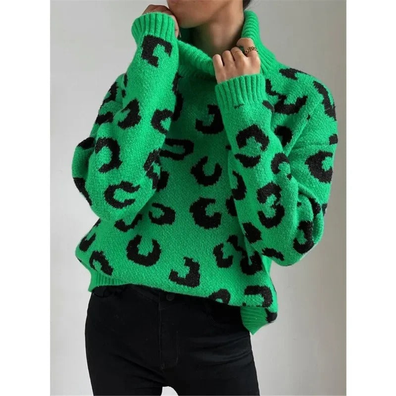 Anneluxe - Lässiger Rollkragenpullover mit Leopardenmuster