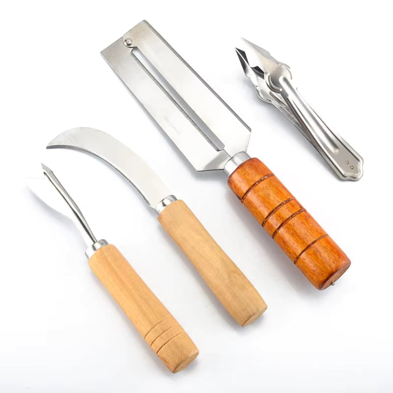 Haltbarer Ananasschäler aus Edelstahl mit rutschfestem Holzgriff (4-teiliges Set)