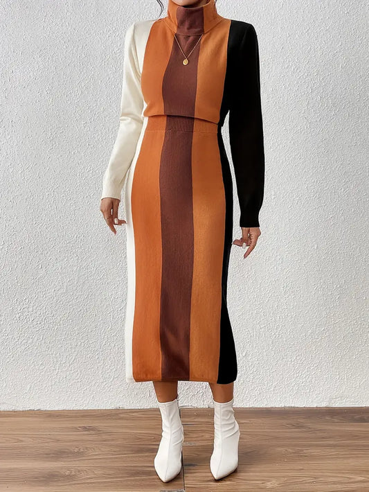 Juliana - Strickkleid mit Rollkragen | langärmliges Colorblock-Winterkleid