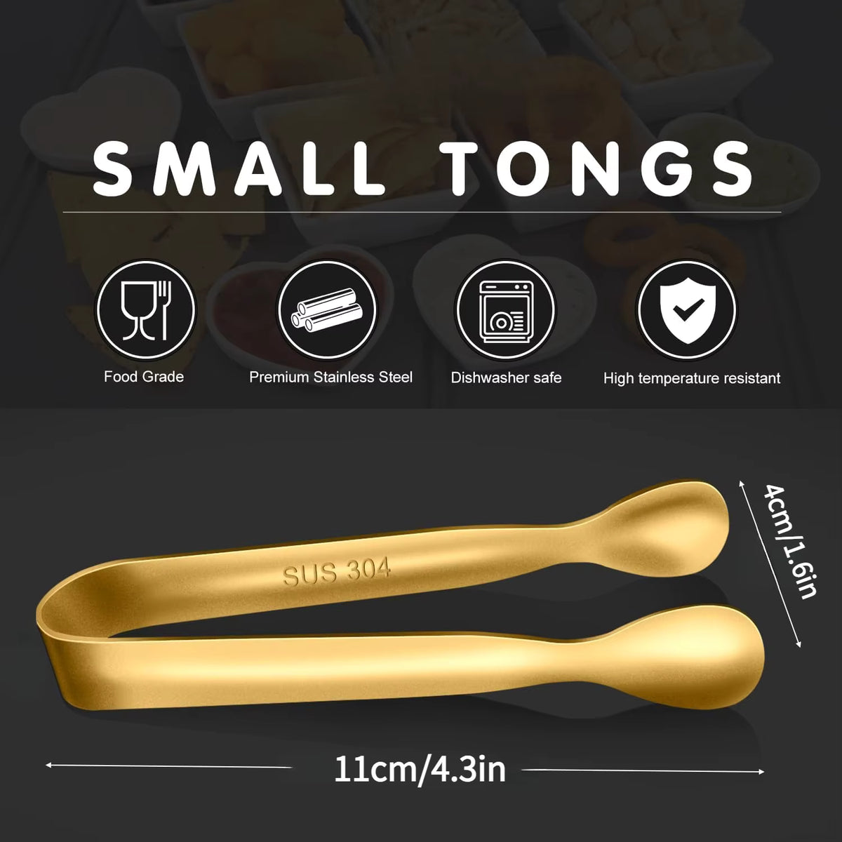 Lebensmittelechte Mini-Servierzangen aus Edelstahl (4 Zoll, 10er-Set)