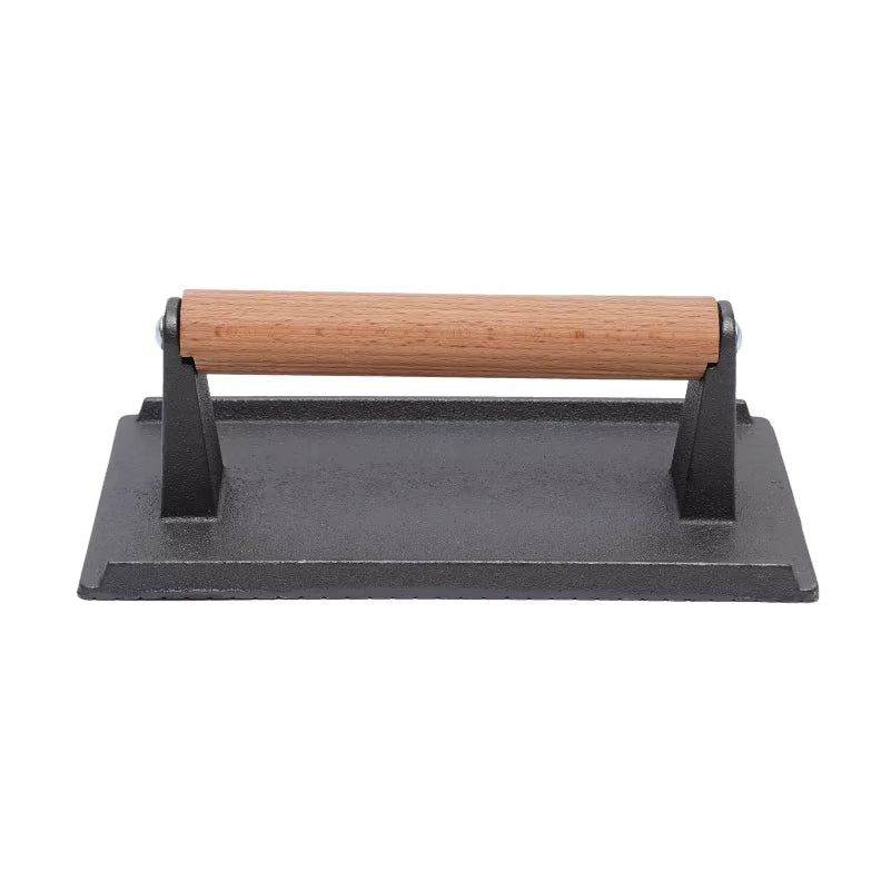 Schwere Gusseisen-Grillpresse mit Holzgriff
