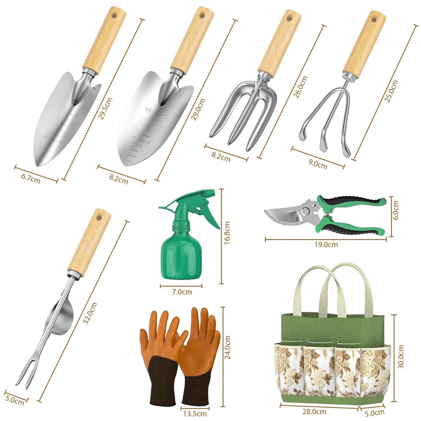 Edelstahl- & ergonomisches Holz-Gartenwerkzeugset (9-teilig)