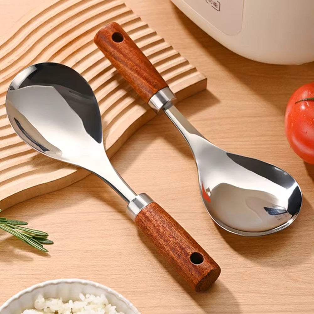 Reislöffel mit Kopf aus Edelstahl und hitzebeständigem Holzgriff