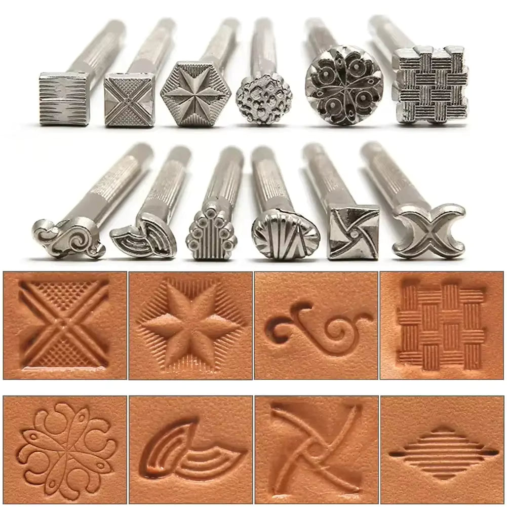 Sæt til prægning af læder med massivt stål og træhåndtag (flere designs)