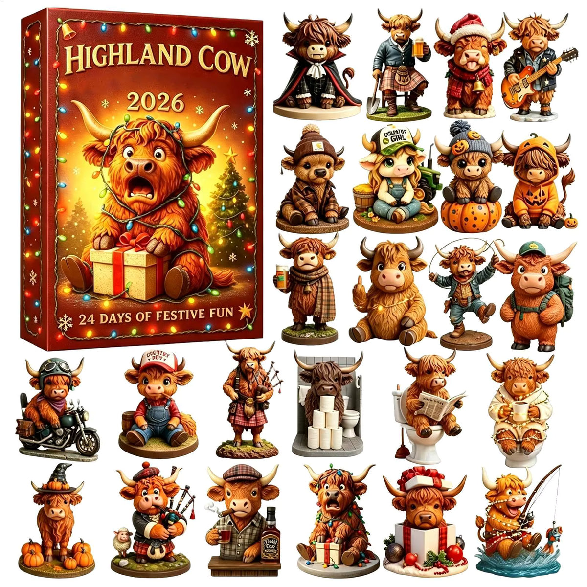 Håndlavet akryl 24-dages julekalender (Højlandskvæg 2D & 3D figurer)