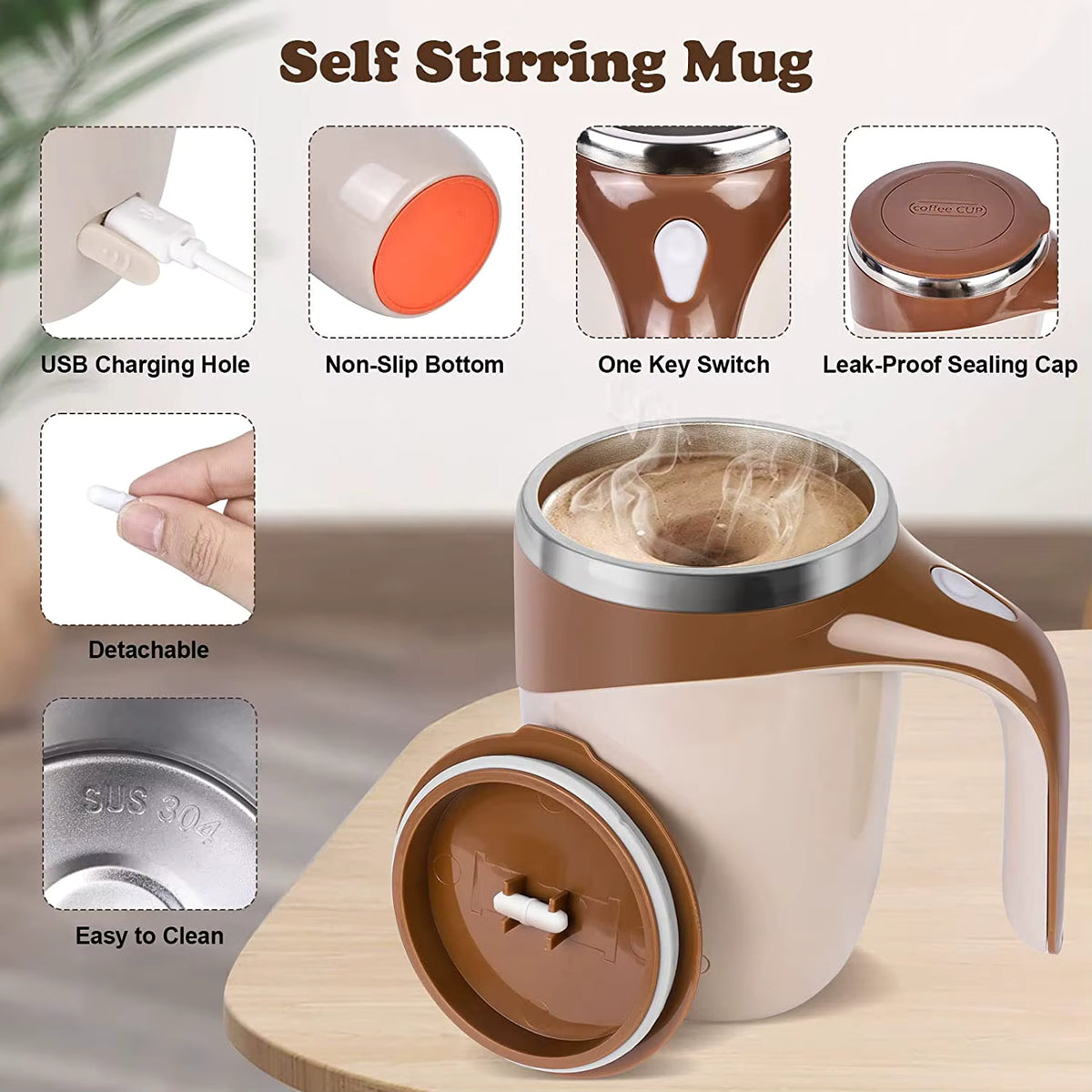 Magnetisch wiederaufladbarer USB-Selbstumrührbecher aus Edelstahl (380 ml)