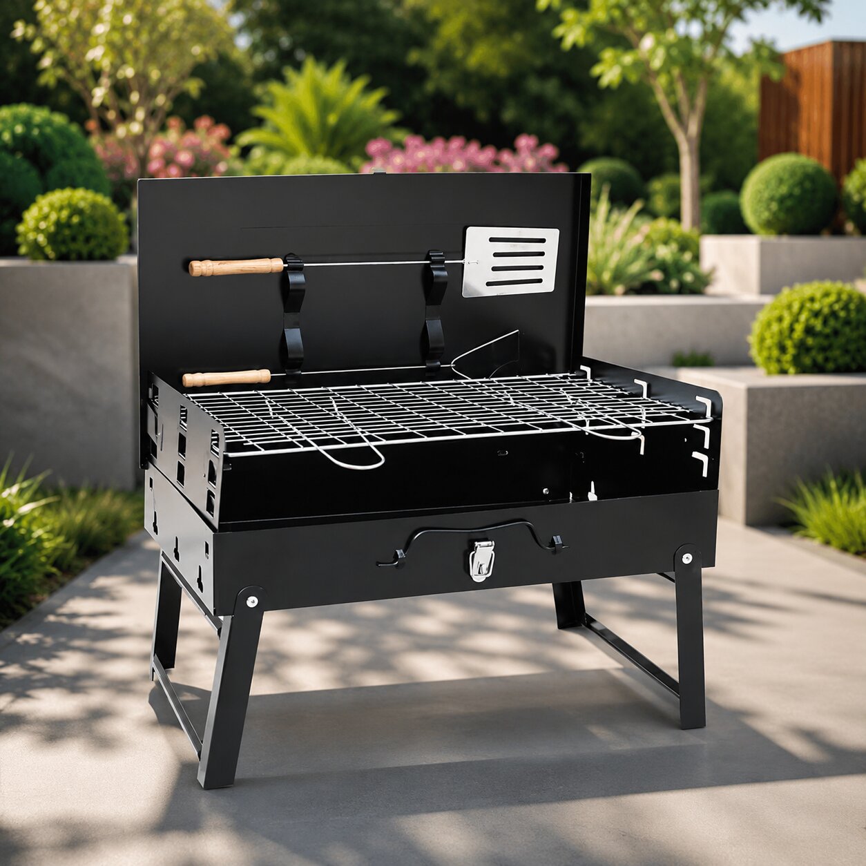 Kulgrill Bærbar Foldbar i Pulverlakeret Stål | Sammenklappet 44 x 24 x 6 cm | Rustfrit Stål Grillrist med Tang og Spatel