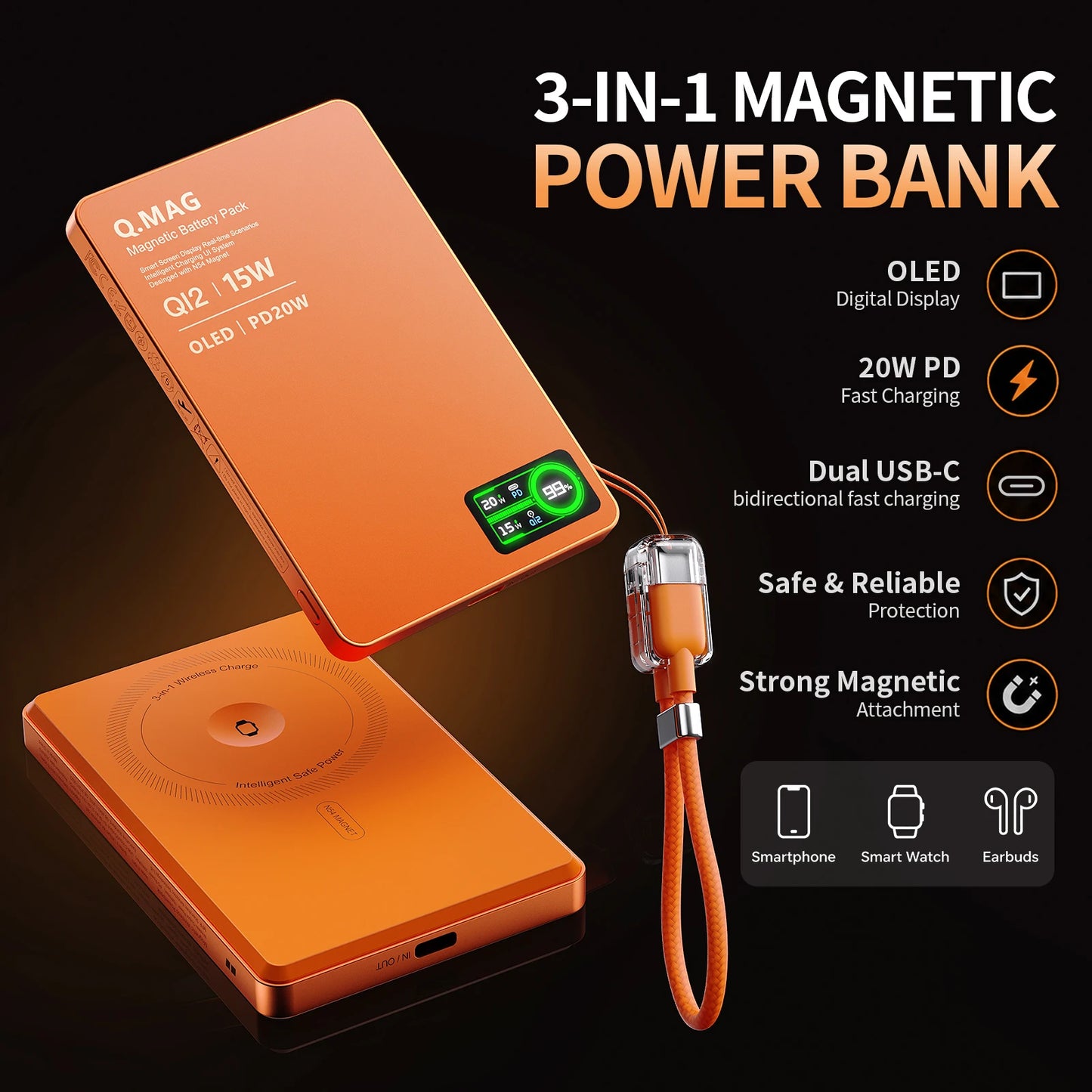 Præcis Magnetische 15W Kabellose Powerbank (3-in-1, 10000mAh)