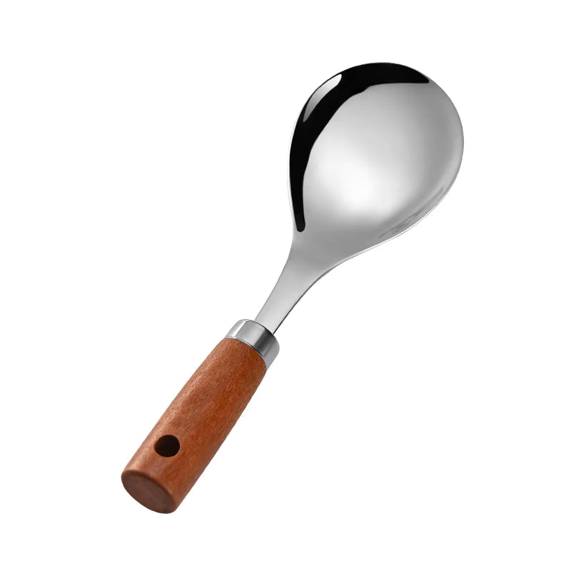 Reislöffel mit Kopf aus Edelstahl und hitzebeständigem Holzgriff