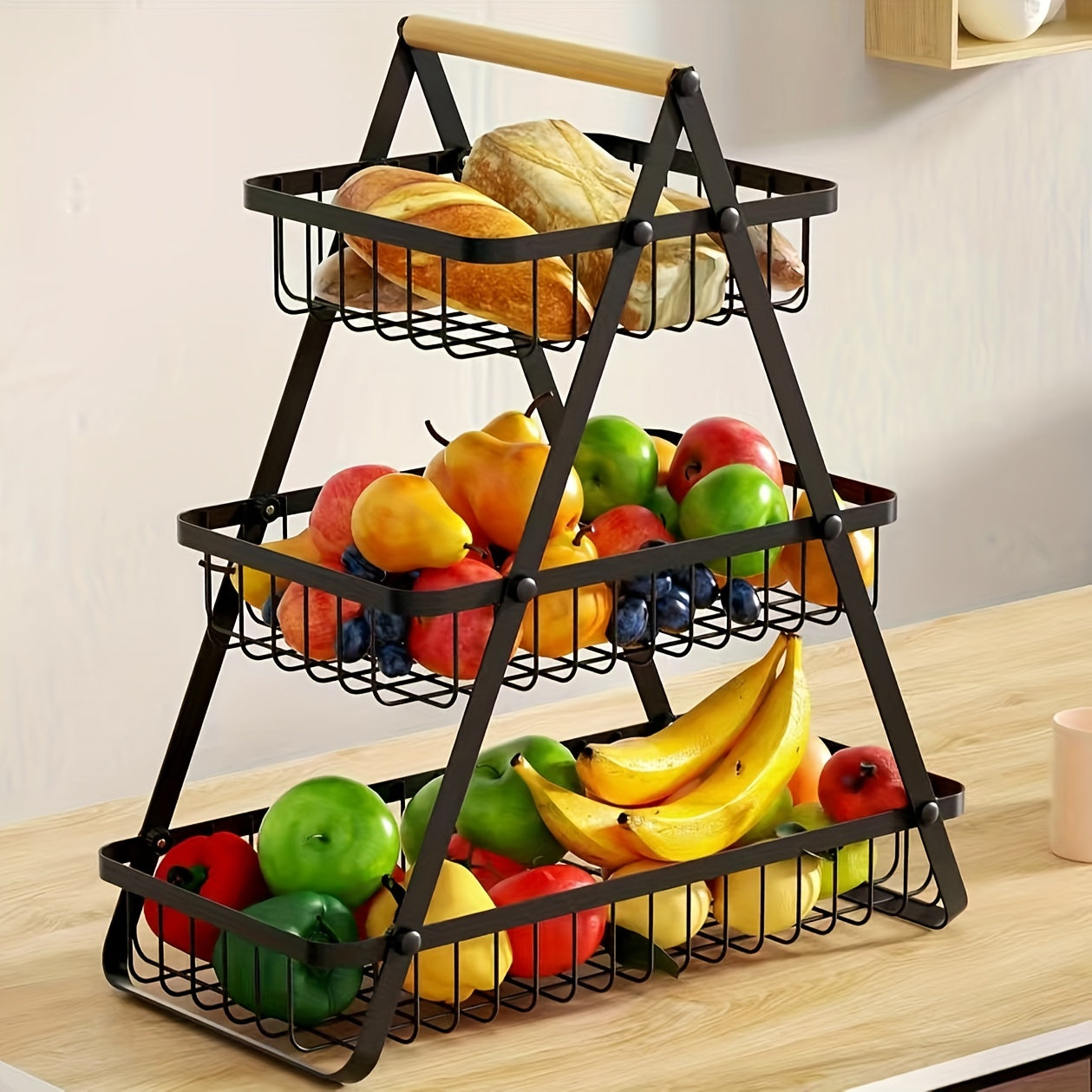 OrganixPlus - Moderne Obst- und Gemüsekorb aus Metall mit Holzgriff, Küchenaufbewahrung